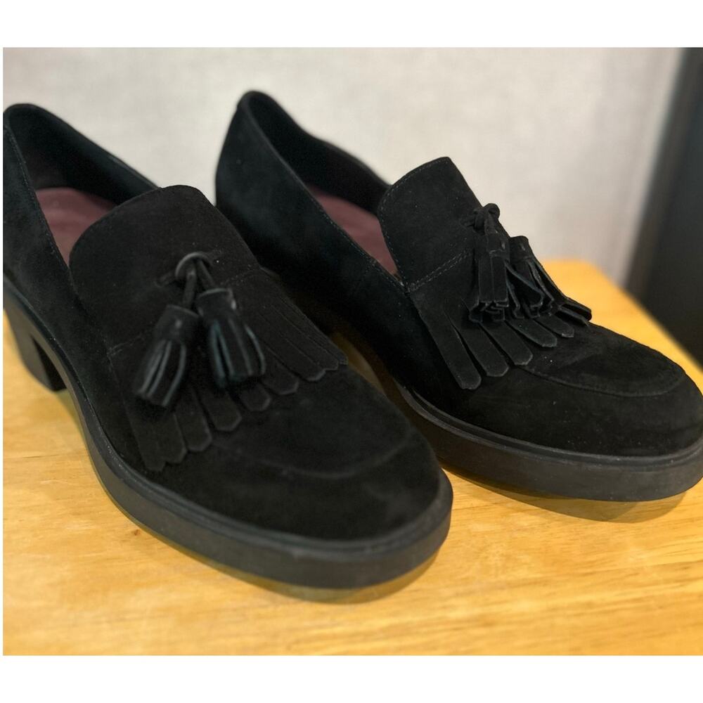 Aerosoles Gibes Black Suede Tasseled Block Heel Loafers SZ 10 EUC Preppy Y2K